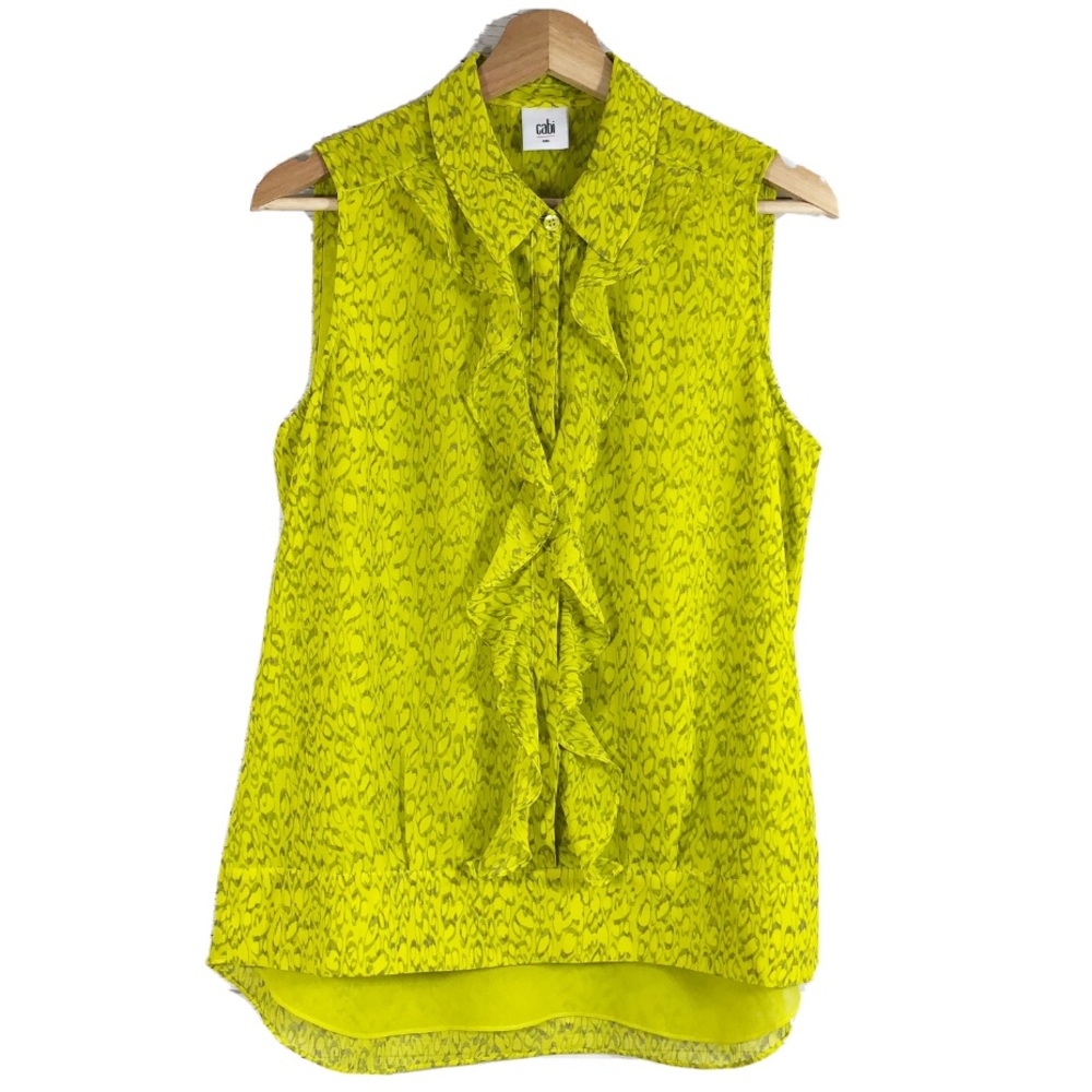 Cabi Chartreuse Reign Yellow Top Ruffle Printed Sleeveless Sz S